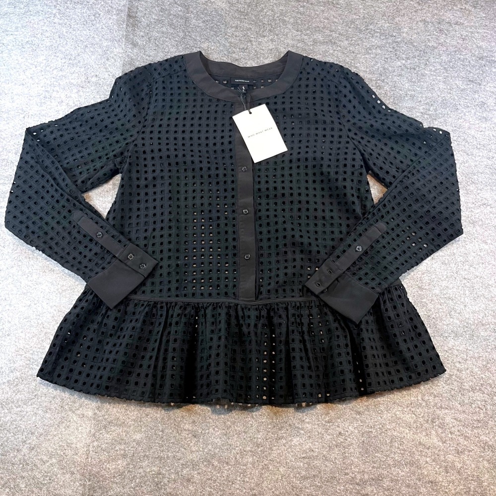 Who What Wear Women Eyelet Peplum Top Black Boho Chic NWT S Long‎ Sleeve Cotton